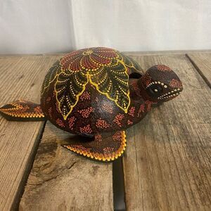 Hand-Painted Bobblehead Turtle Figurine Folk Art Dot Painted Decor Shelf Accent